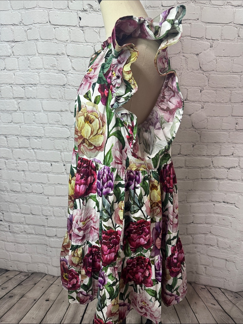 Aura Tiered Floral Print Ruffle Sleeve Dress 100% Cotton Size XL - Picture 6 of 11